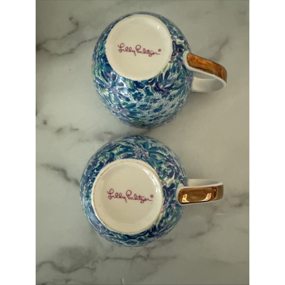Lilly Pulitzer Ceramic Coffee Tea Cup Mug Tiger Lily Floral Set Of 2 Gold Handle - Picture 7 of 7